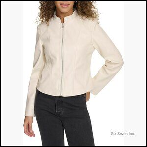 Faux Leather Racer Jacket with Banded Collar and Zipper Closure